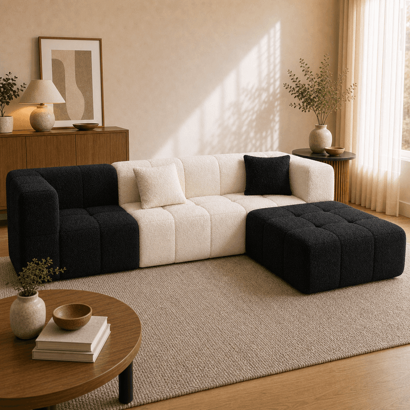 Marshmallow Sofa 1 3-seat with ottoman / black and white two-tone - modular compressed modular sofa