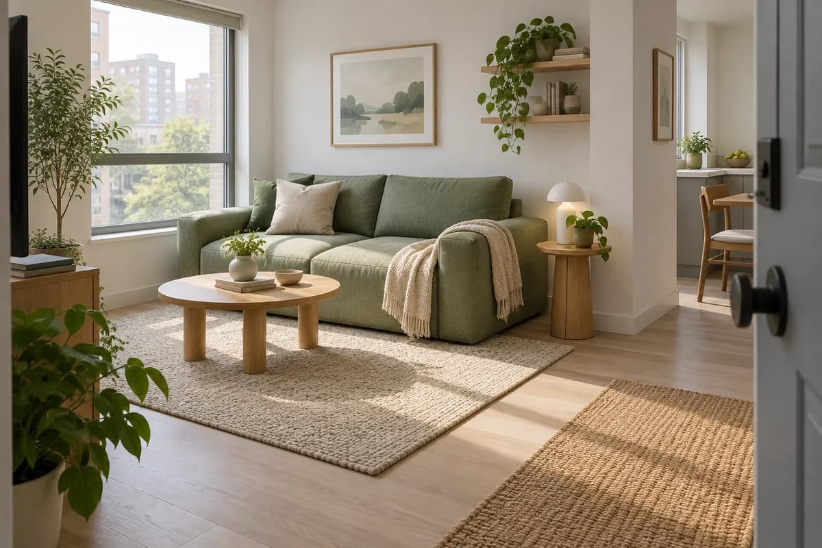 Illustration eines grünen Sofas in einer kleinen Wohnung mit freiem Durchgang