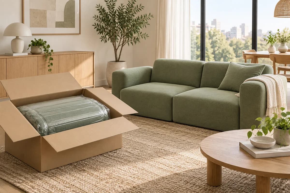 Illustration von vakuumverpacktem Schaumstoff in einem Karton neben einem entfalteten Sofa