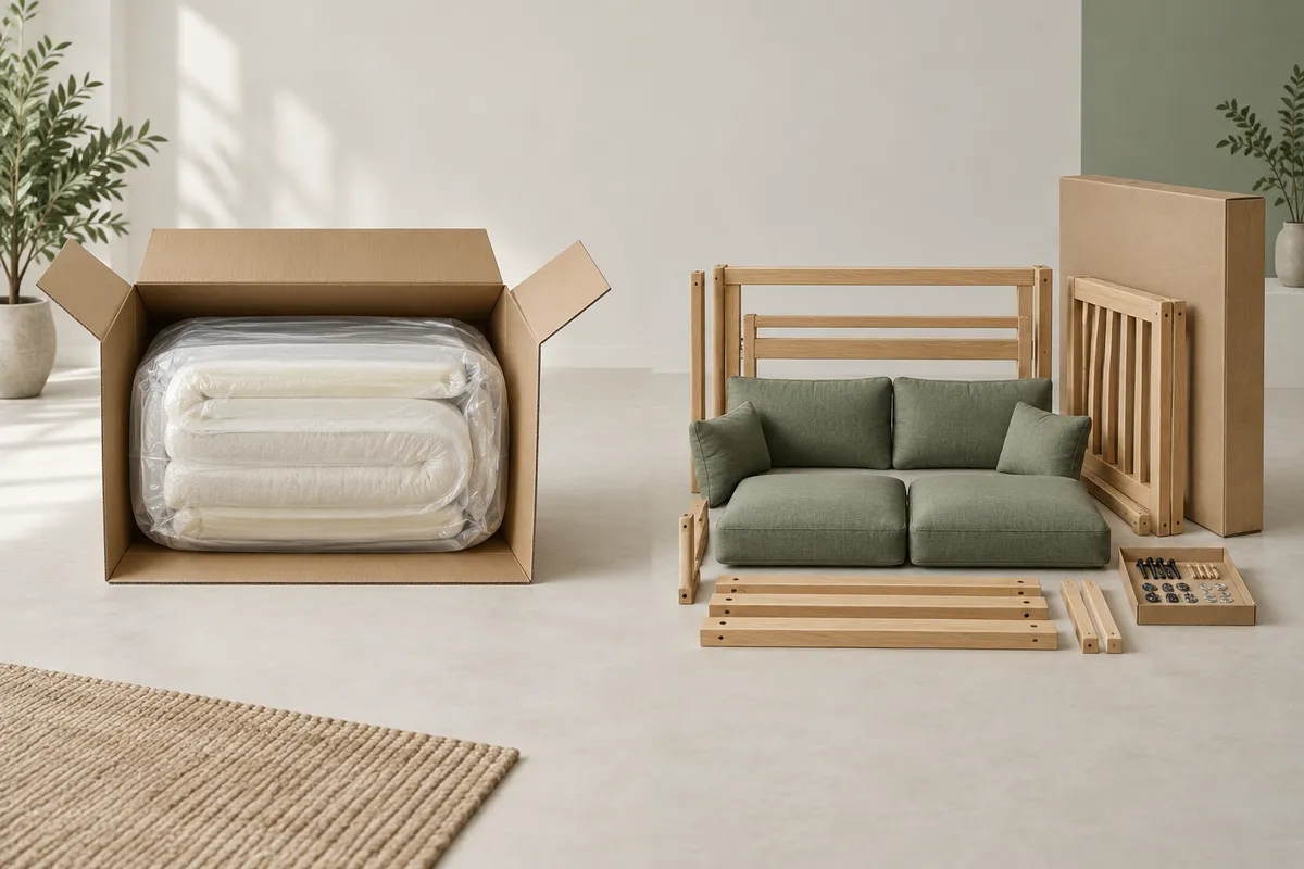 Illustration zum Vergleich von vakuumverpacktem Schaumstoff und Einzelteilen eines unmontierten Sofagestells