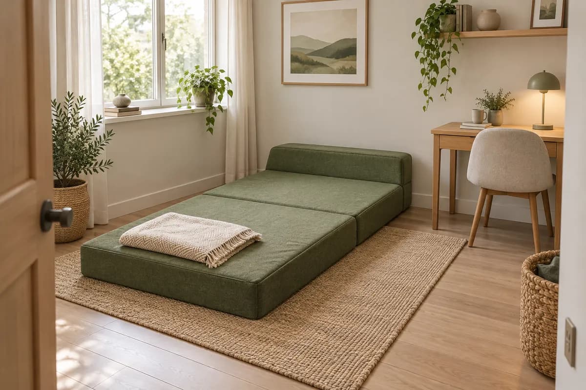 Illustration eines ausgeklappten Schaumstoff-Schlafsofas in einem kleinen Gästezimmer mit Schreibtisch