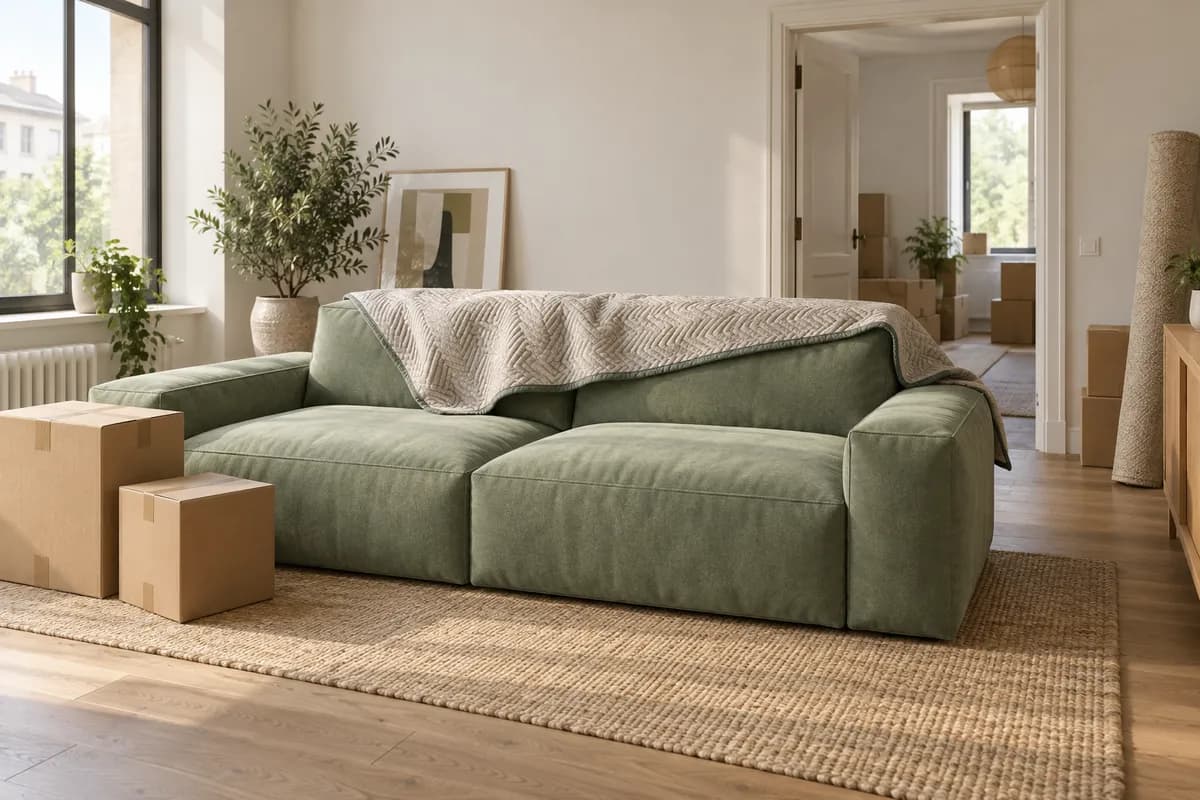 Illustration eines entfalteten Sofas unter einer Umzugsdecke neben Kartons