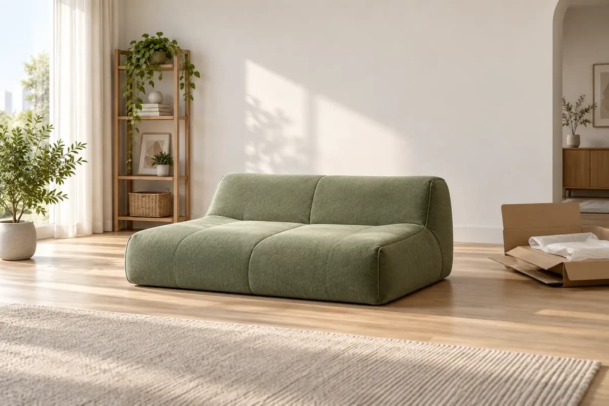 Illustration eines ausgepackten Schaumstoffsofas mit Platz zum Entfalten
